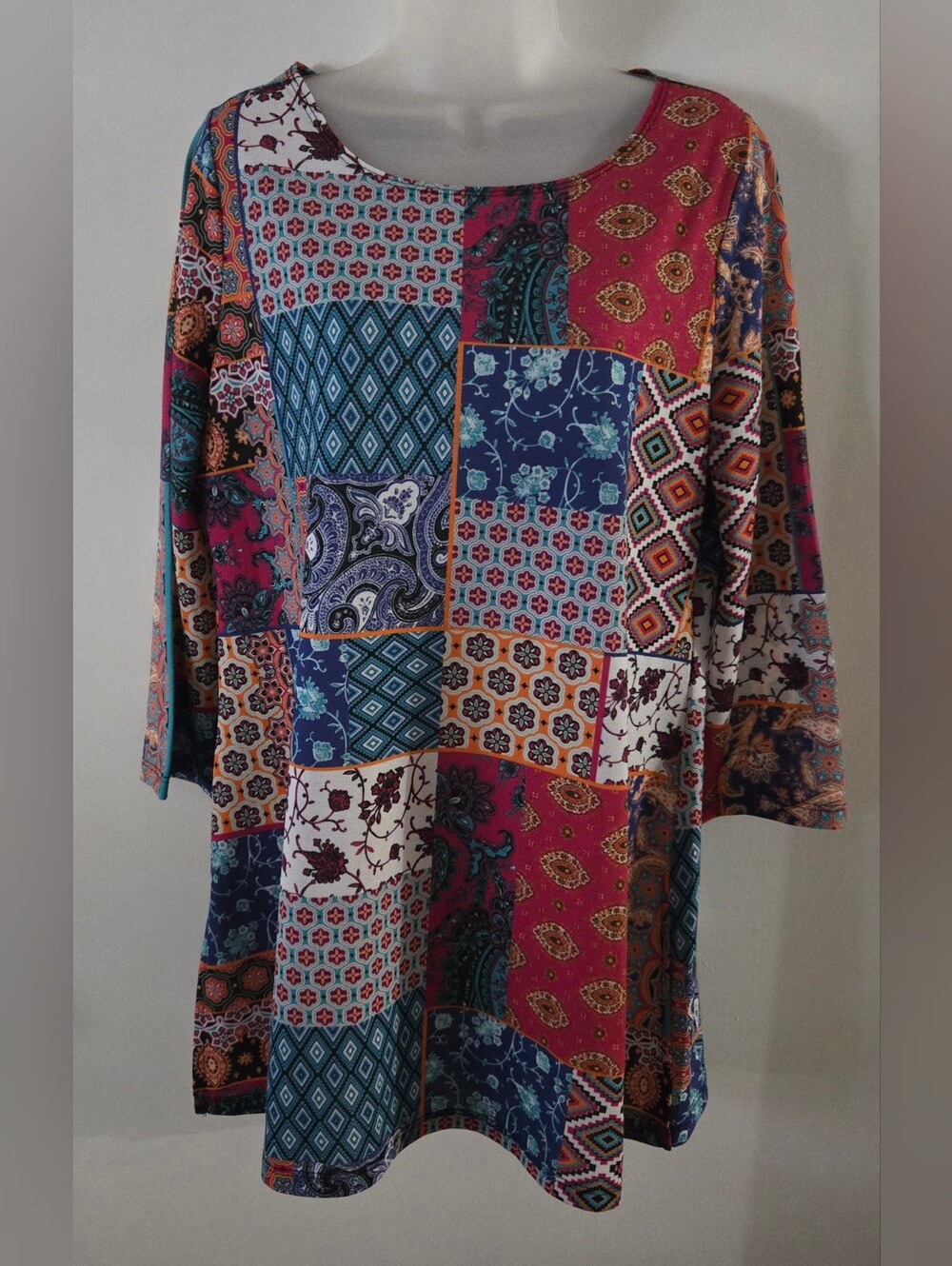 Travel Elements Patchwork Tunic Sz Large Comfort Stretch Side Slits Euc